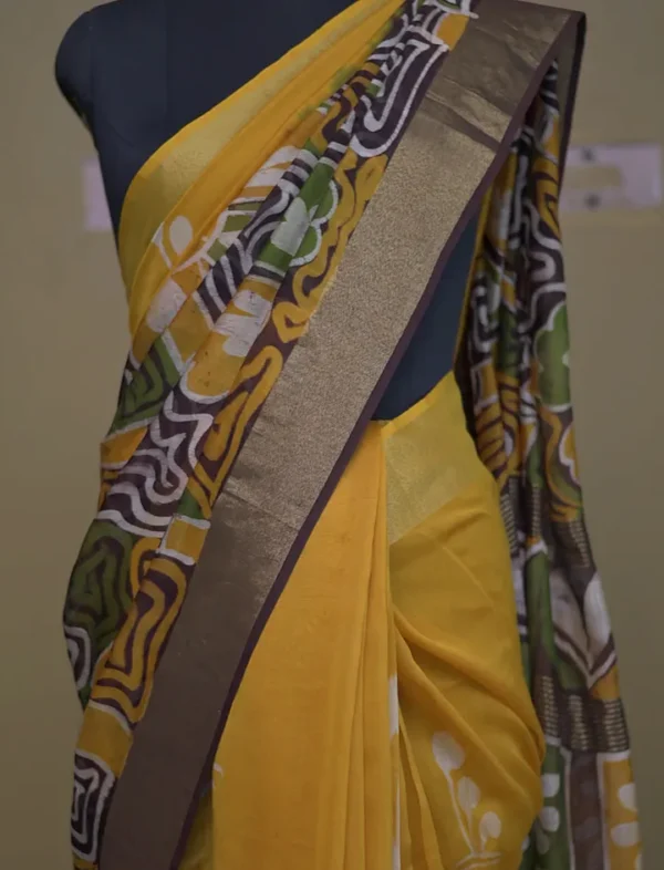 Yellow n Maroon on Hand Batik Print with Zari Border Semi Silk Saree