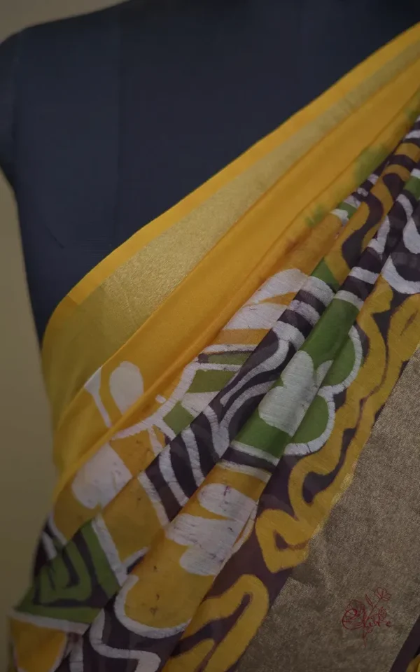 Yellow n Maroon on Hand Batik Print with Zari Border Semi Silk Saree