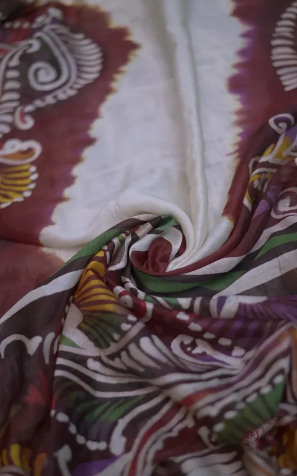 White n Maroon on Hand Batik Print with Zari Border Semi Silk Saree