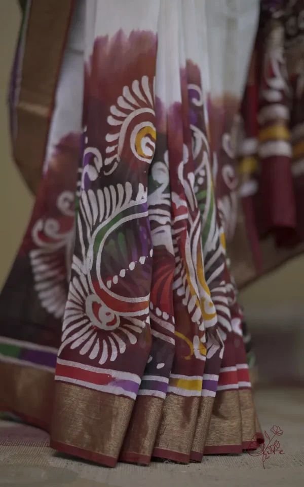 White n Maroon on Hand Batik Print with Zari Border Semi Silk Saree