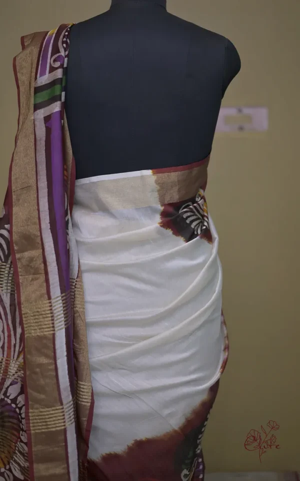 White n Maroon on Hand Batik Print with Zari Border Semi Silk Saree