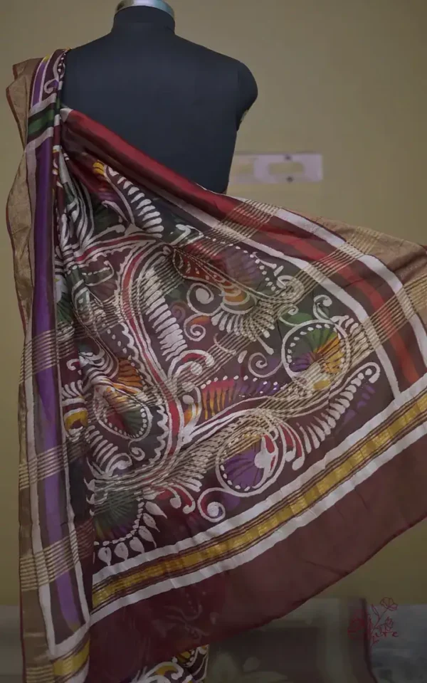 White n Maroon on Hand Batik Print with Zari Border Semi Silk Saree