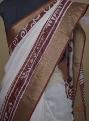 White n Maroon on Hand Batik Print with Zari Border Semi Silk Saree