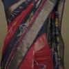 Red n Navy Blue on Hand Batik Print with Zari Border Semi Silk Saree