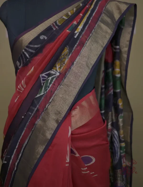 Red n Navy Blue on Hand Batik Print with Zari Border Semi Silk Saree