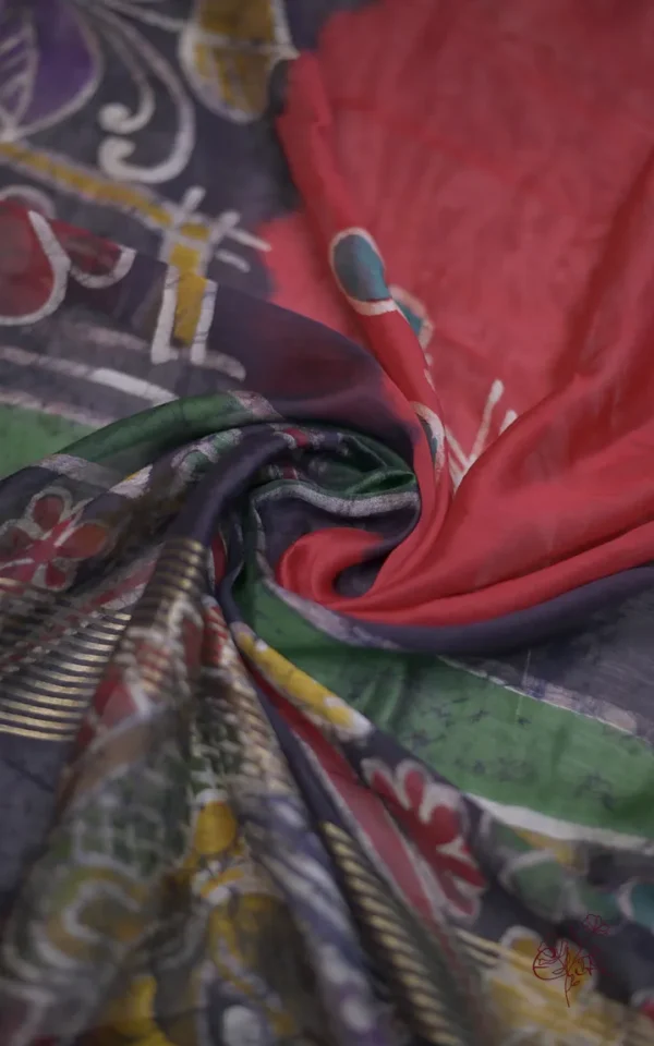 Red n Navy Blue on Hand Batik Print with Zari Border Semi Silk Saree