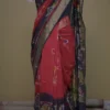Red n Navy Blue on Hand Batik Print with Zari Border Semi Silk Saree