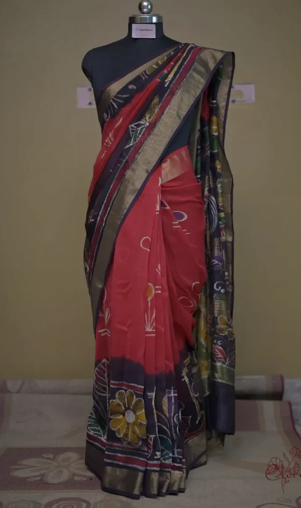 Red n Navy Blue on Hand Batik Print with Zari Border Semi Silk Saree