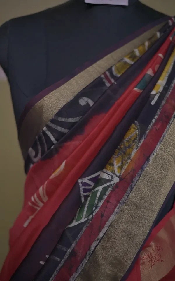 Red n Navy Blue on Hand Batik Print with Zari Border Semi Silk Saree