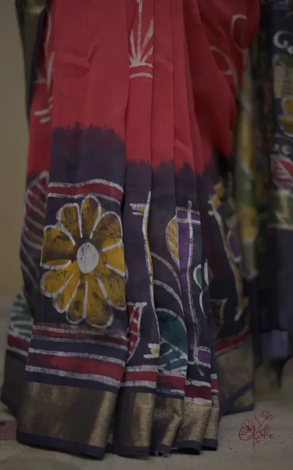 Red n Navy Blue on Hand Batik Print with Zari Border Semi Silk Saree