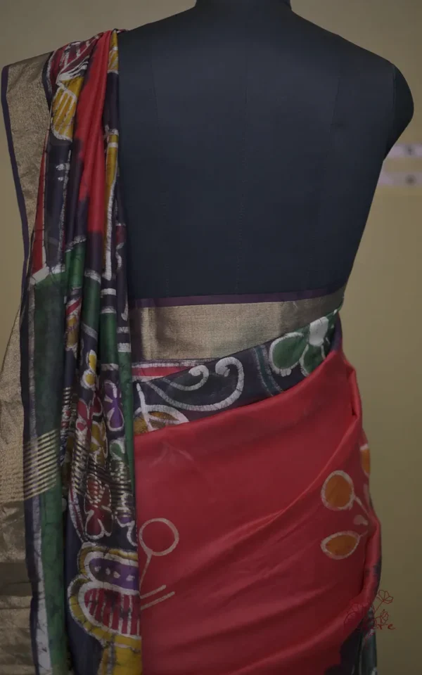 Red n Navy Blue on Hand Batik Print with Zari Border Semi Silk Saree