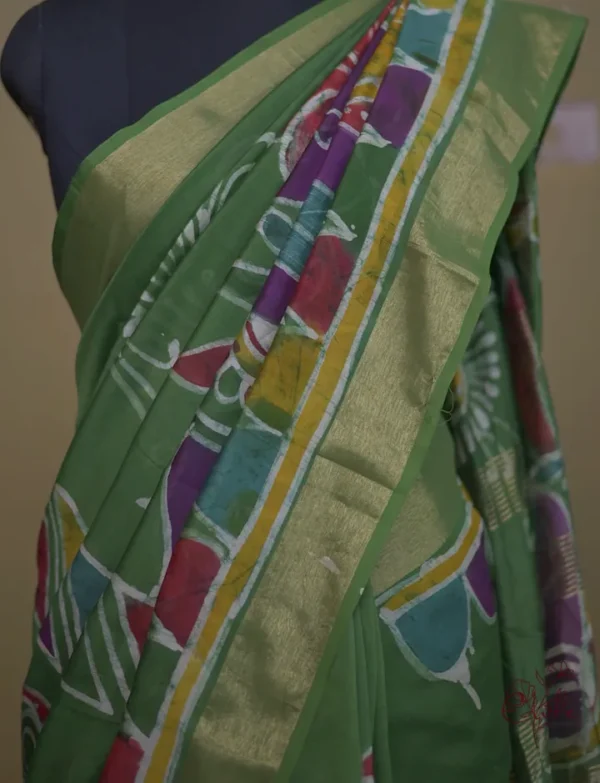 Green on Multicolor Hand Batik Print with Zari Border Semi Silk Saree