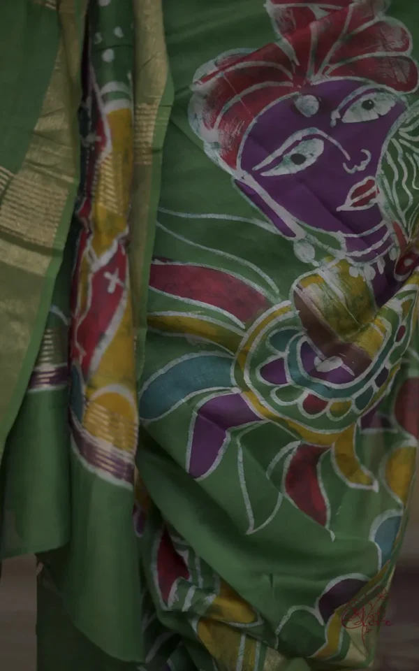 Green on Multicolor Hand Batik Print with Zari Border Semi Silk Saree