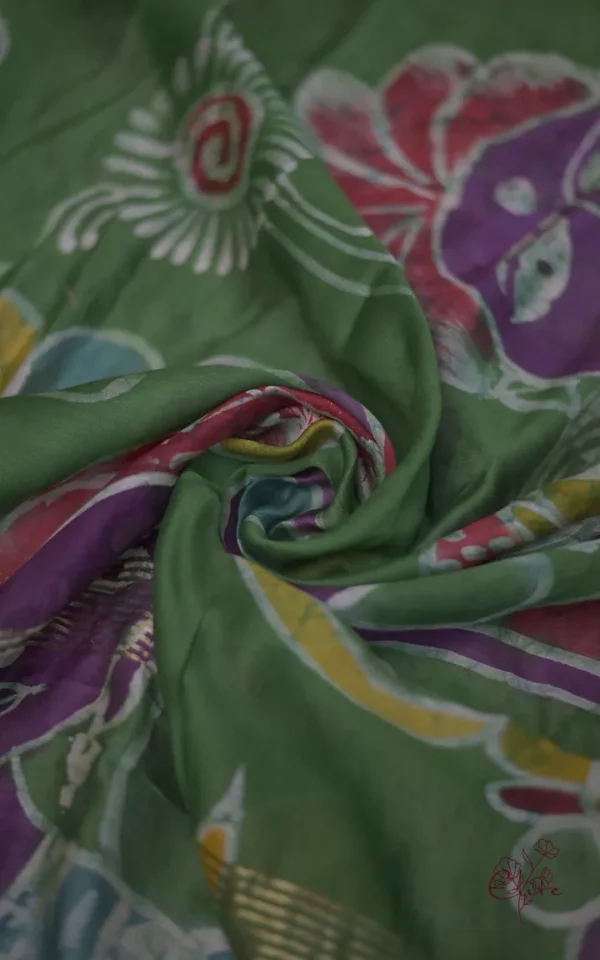 Green on Multicolor Hand Batik Print with Zari Border Semi Silk Saree