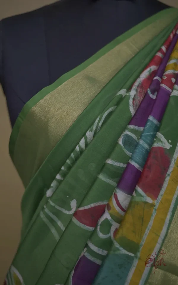 Green on Multicolor Hand Batik Print with Zari Border Semi Silk Saree