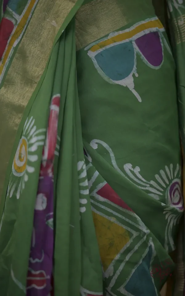 Green on Multicolor Hand Batik Print with Zari Border Semi Silk Saree