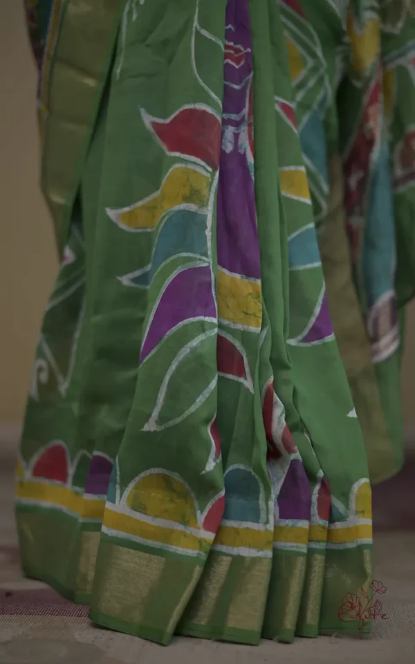 Green on Multicolor Hand Batik Print with Zari Border Semi Silk Saree