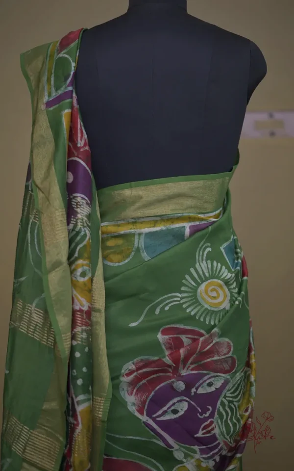 Green on Multicolor Hand Batik Print with Zari Border Semi Silk Saree
