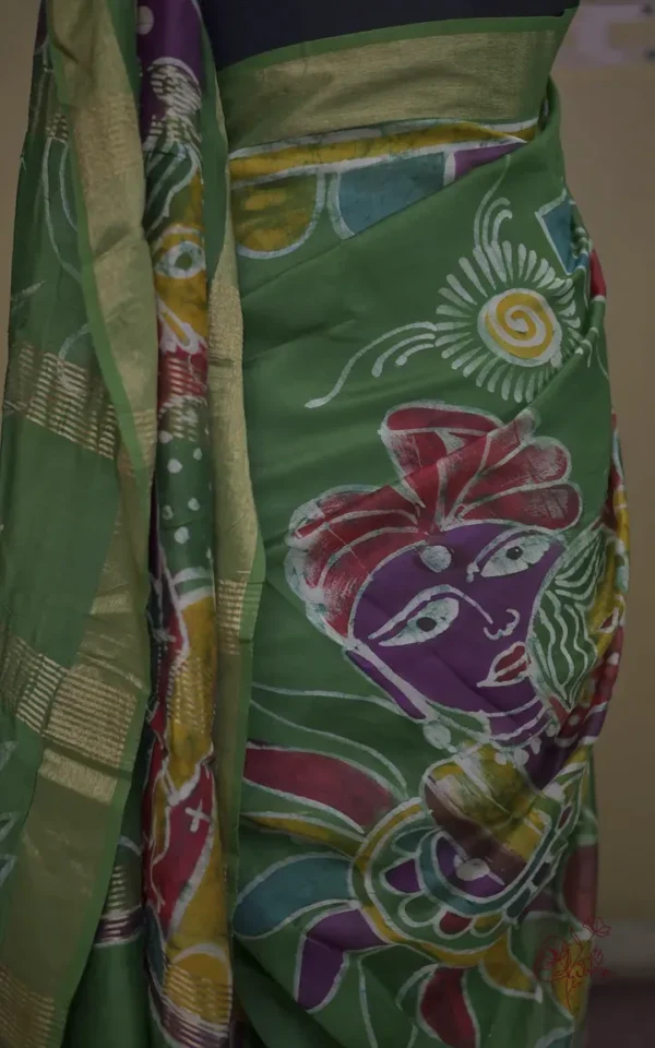 Green on Multicolor Hand Batik Print with Zari Border Semi Silk Saree
