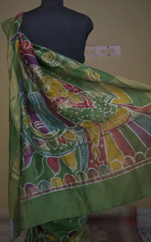 Green on Multicolor Hand Batik Print with Zari Border Semi Silk Saree
