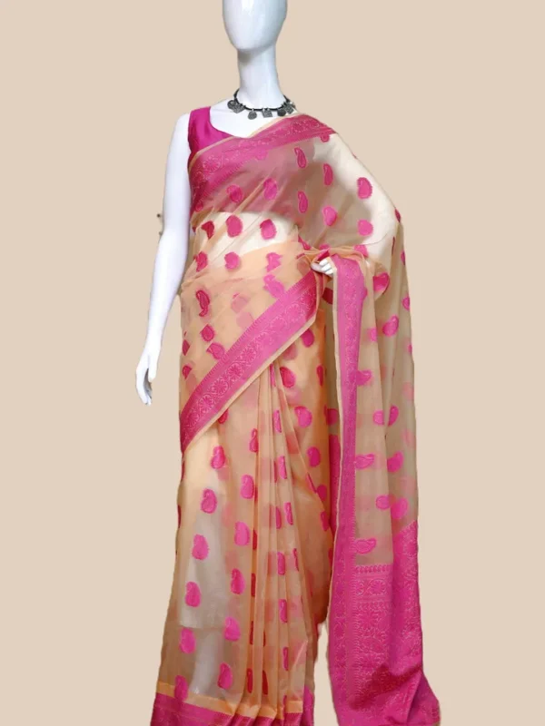 Biscuit on Pink Border and Kalka work Silk Saree