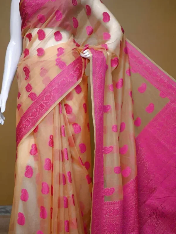 Biscuit on Pink Border and Kalka work Silk Saree