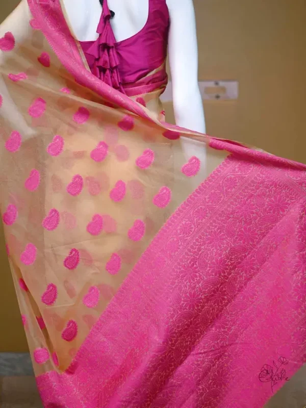 Biscuit on Pink Border and Kalka work Silk Saree