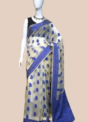 Dreamy Beige with Blue Border Silk Saree Timeless Beauty