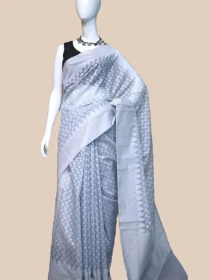 Grey on silver stripe and butta work Silk Saree