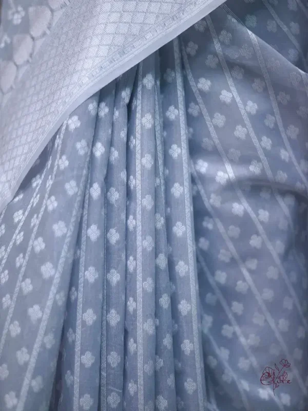 Grey on silver stripe and butta work Silk Saree