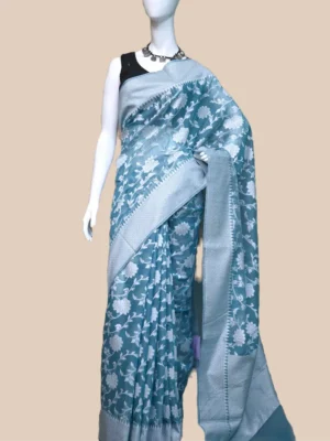 Sea Green on Silver Jangla Jaal work Silk Saree