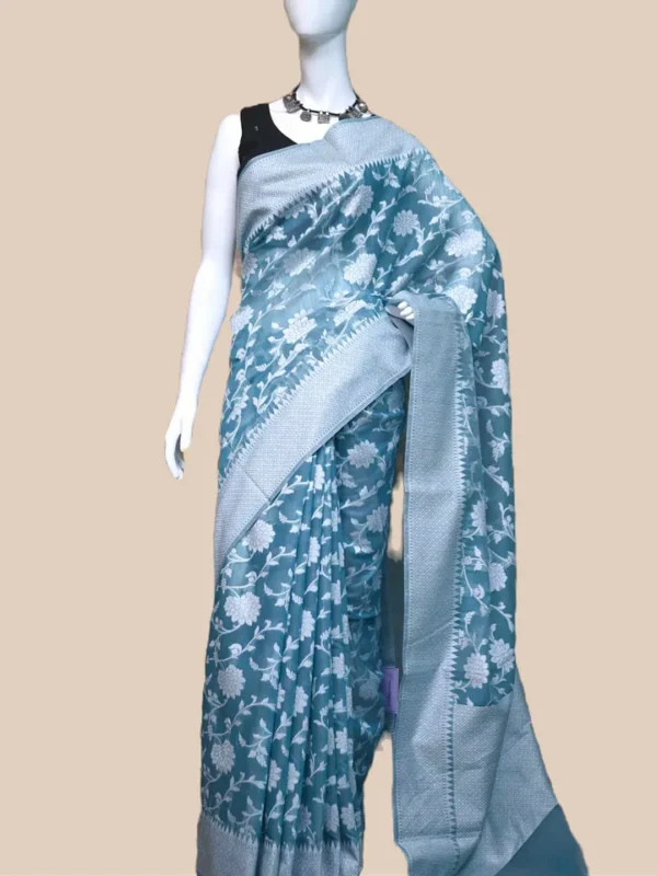 Sea Green on Silver Jangla Jaal work Silk Saree