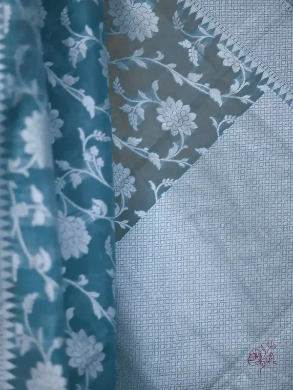 Sea Green on Silver Jangla Jaal work Silk Saree
