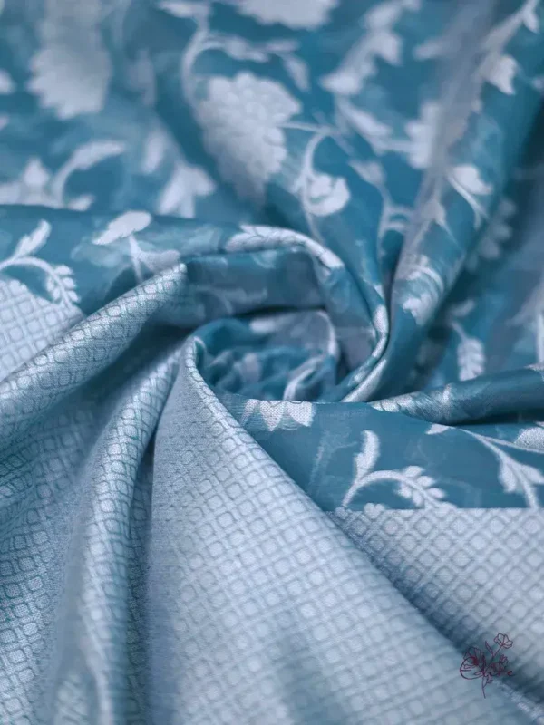 Sea Green on Silver Jangla Jaal work Silk Saree