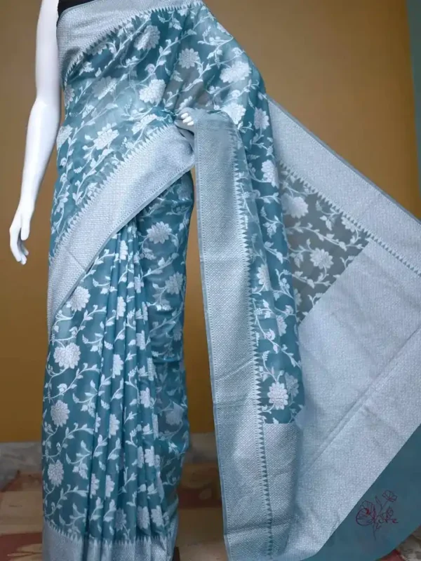 Sea Green on Silver Jangla Jaal work Silk Saree