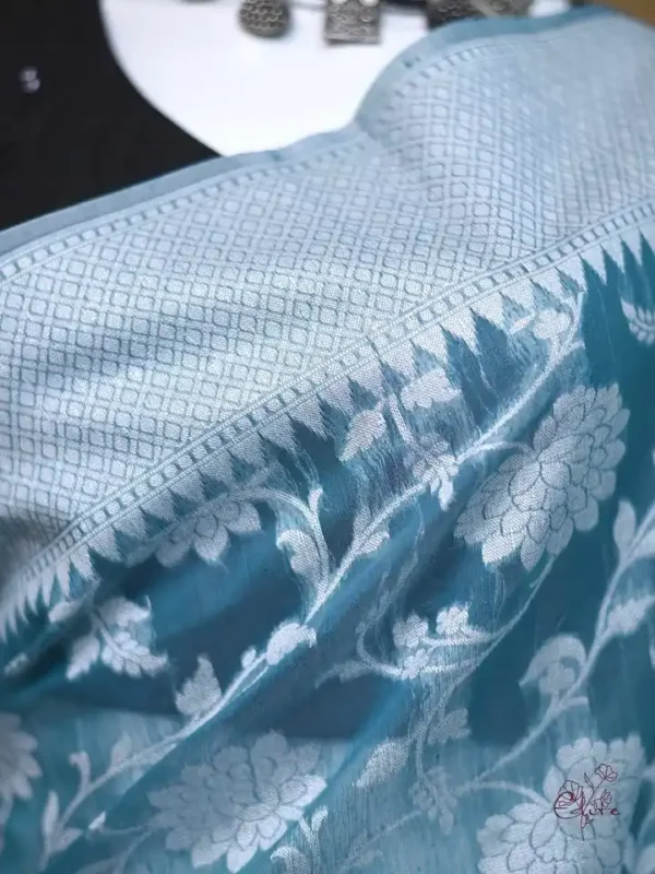 Sea Green on Silver Jangla Jaal work Silk Saree