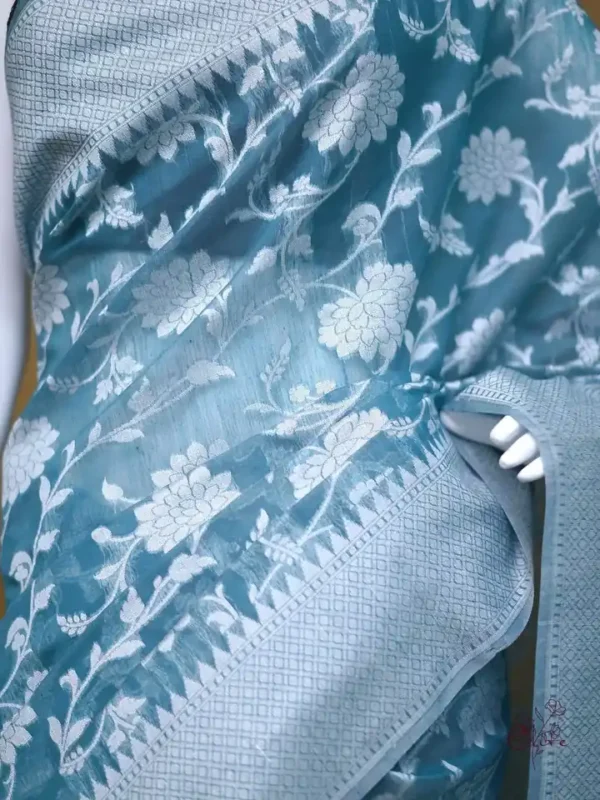 Sea Green on Silver Jangla Jaal work Silk Saree