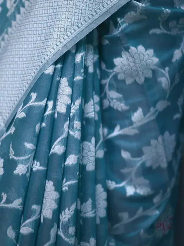 Sea Green on Silver Jangla Jaal work Silk Saree