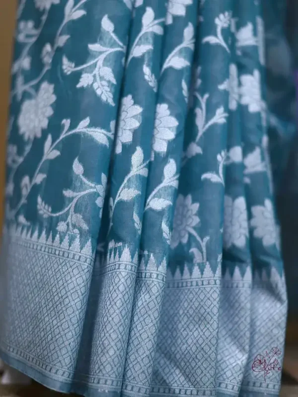 Sea Green on Silver Jangla Jaal work Silk Saree