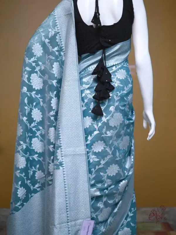 Sea Green on Silver Jangla Jaal work Silk Saree