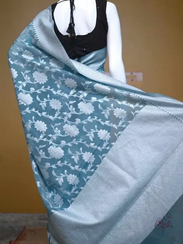 Sea Green on Silver Jangla Jaal work Silk Saree