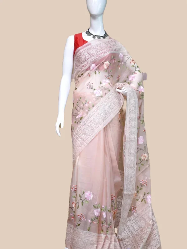 Peach on Multicolor Thread Stitch and Chikankari Border work organza Saree