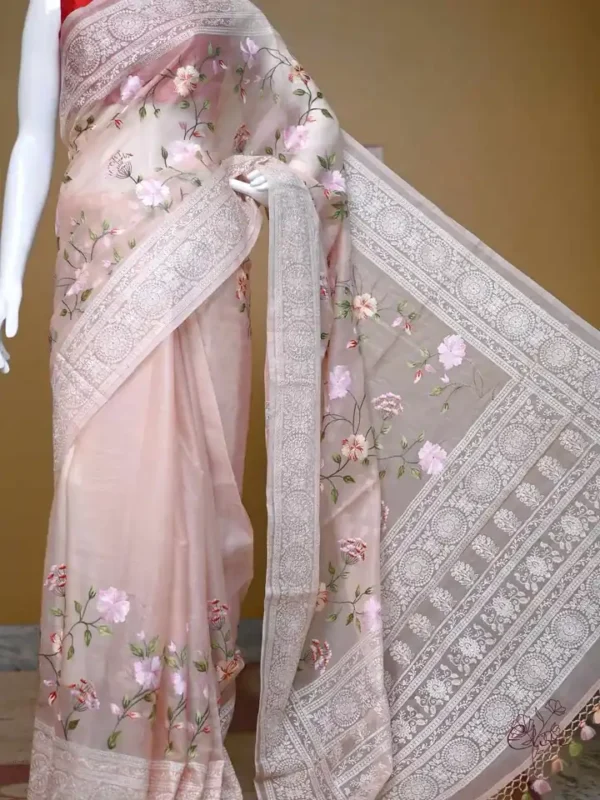Peach on Multicolor Thread Stitch and Chikankari Border work organza Saree