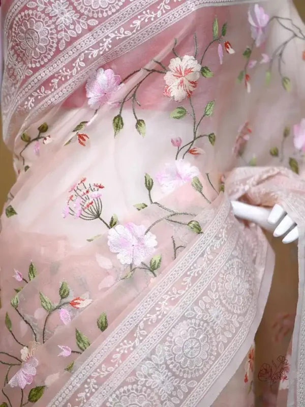 Peach on Multicolor Thread Stitch and Chikankari Border work organza Saree
