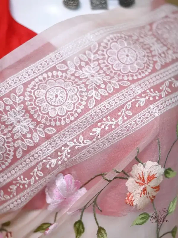Peach on Multicolor Thread Stitch and Chikankari Border work organza Saree