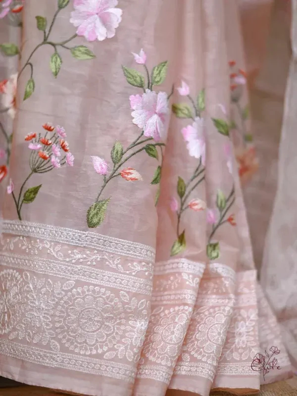 Peach on Multicolor Thread Stitch and Chikankari Border work organza Saree