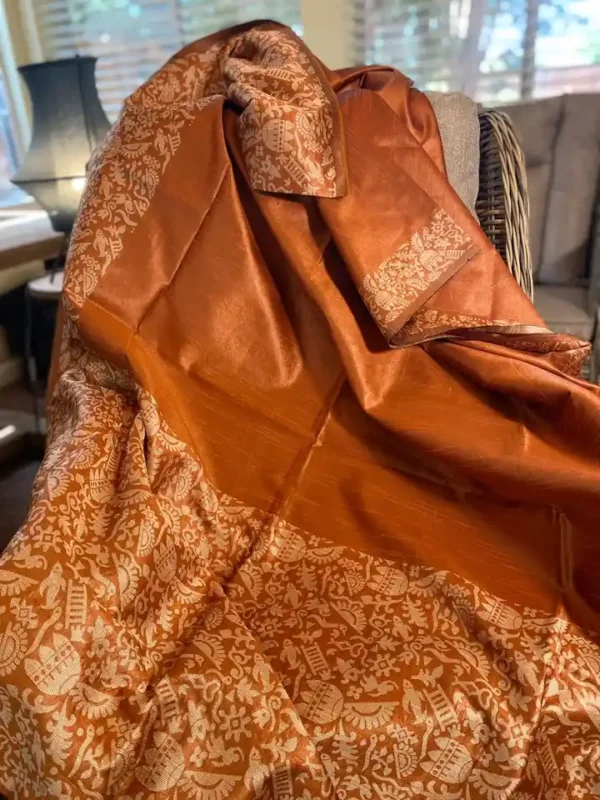 Rust Warli Print Semi Tussar Dupion Silk Saree