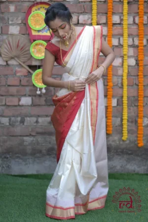 White with Golden Zari Woven Pure Cotton silk Saree