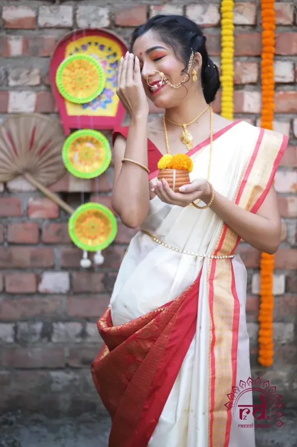 White with Golden Zari Woven Pure Cotton silk Saree