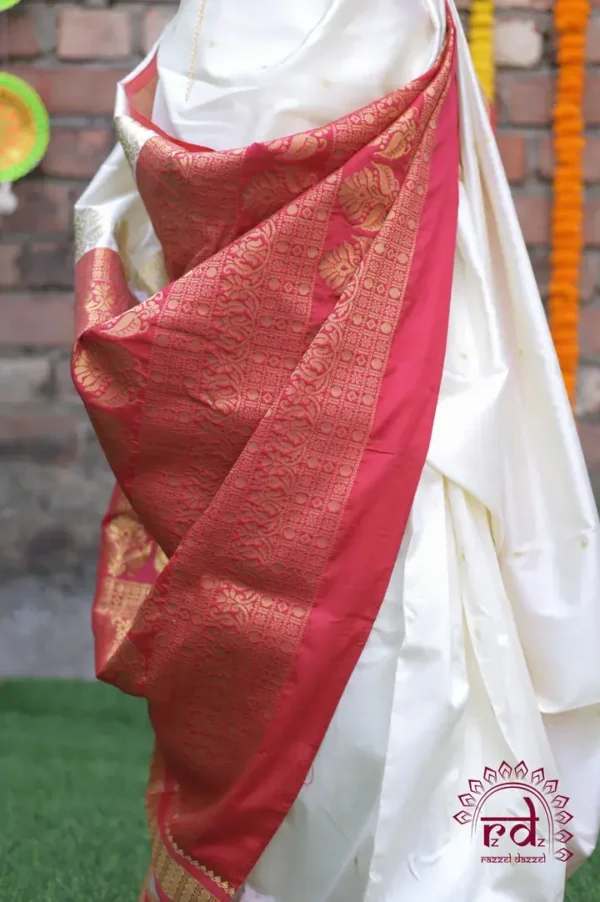 White with Golden Zari Woven Pure Cotton silk Saree